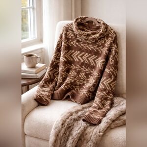 Brown and Cream Aztec Cowl Neck Sweater, Plus Size XXXLG